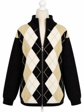 NWT Jenny XL Black Gold Argyle Full Zip Sweater Cardigan Y2K Preppy Metallic